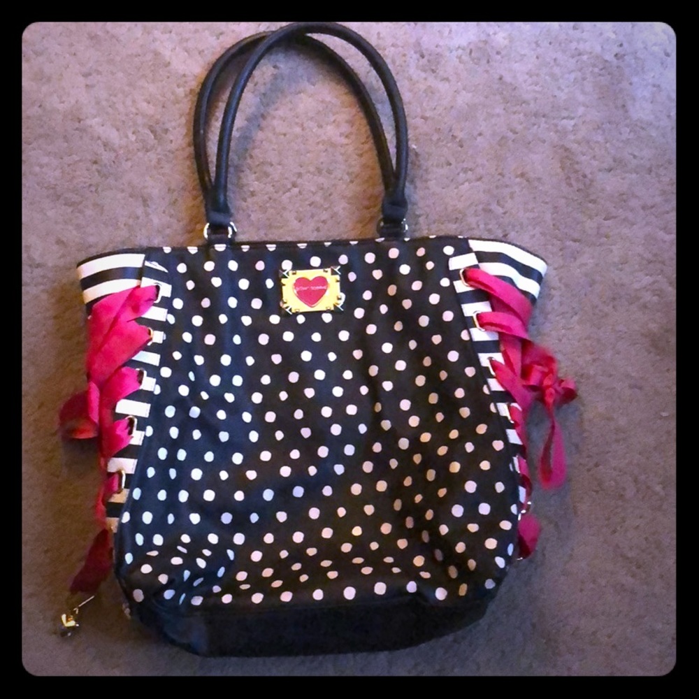Betsey Johnson black/white polka dot pink ribbon